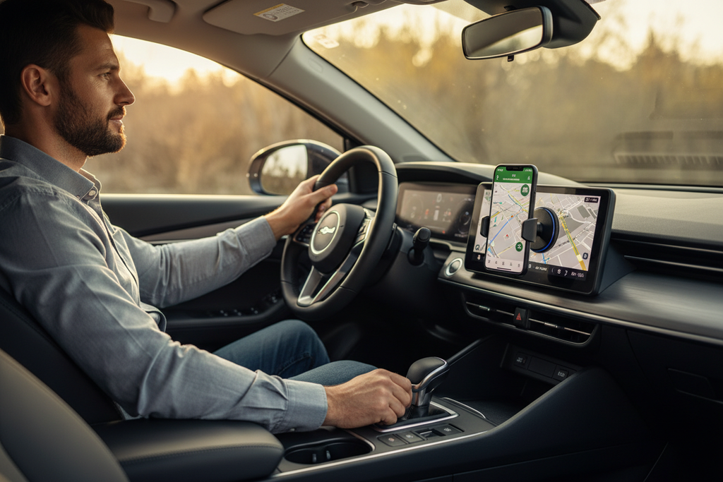 Conductor de rideshare usando soporte magnético con mapa en pantalla